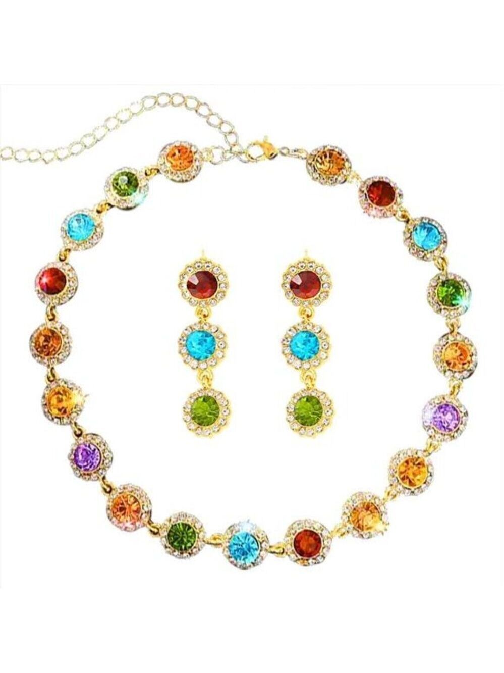 Colorful Crystal Jewelry Set Necklace Earrings Rhinestone Sparkly Party Gift Wom